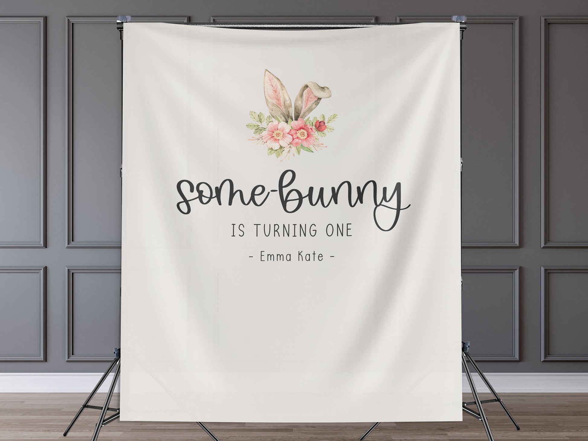 Some Bunny is Turning One Custom Bunny Ears Shower Backdrop | Personalized Easter Spring 1st, 2nd or 3rd Birthday Party Banner