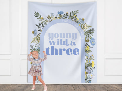 Young Wild Three Custom Backdrop, She's a Little Wildflower, Custom 3rd Birthday Party Backdrop, Girl Birthday, Boho Birthday, Retro Flowers