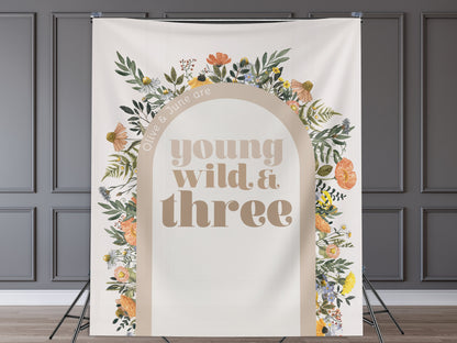 Young Wild Three Custom Backdrop, She's a Little Wildflower, Custom 3rd Birthday Party Backdrop, Girl Birthday, Boho Birthday, Retro Flowers