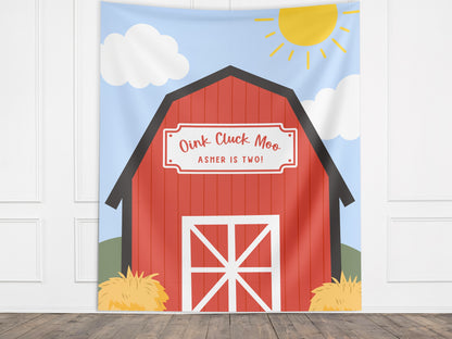 Custom Farm Party Banner, Birthday Party Barn Backdrop, Boy Birthday Barnyard, Girl Birthday Party Décor, Baby Shower Décor, Oink Cluck Moo