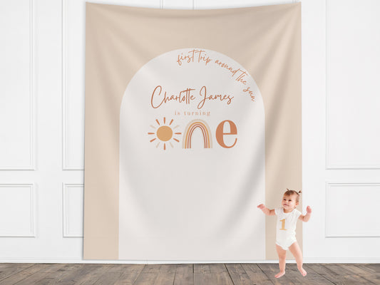 First Trip Around the Sun Birthday Banner, One Little Sunshine Personalized Backdrop, Custom Boho Rainbow Party Backdrop, 1st Birthday