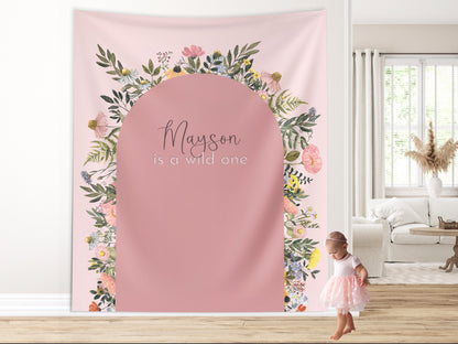 Wildflower Wild One Custom Text Banner, 1st Birthday Party Cake Smash Backdrop, Two Wild Birthday, Boho Girl Baby Shower, High Chair Banner