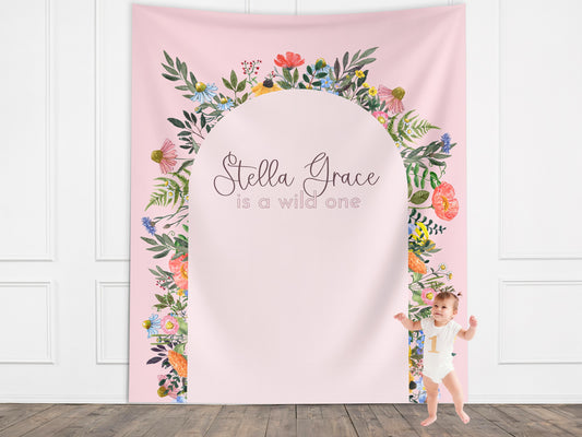 Wildflower Wild One Custom Text Banner, 1st Birthday Party Cake Smash Backdrop, Two Wild Birthday, Boho Girl Baby Shower, High Chair Banner