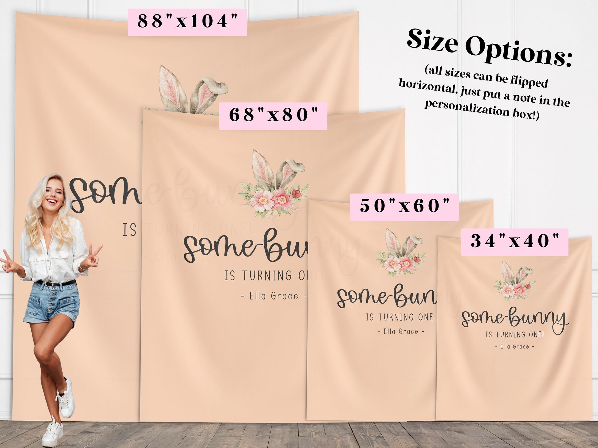 Some Bunny is Turning One Custom Bunny Ears Shower Backdrop | Personalized Easter Spring 1st, 2nd or 3rd Birthday Party Banner