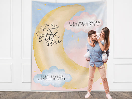 Twinkle Little Star Gender Reveal Banner, Over the Moon Backdrop, Moon and Stars Baby Shower Backdrop, Baby Shower Décor, Girl Baby Shower