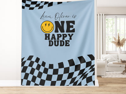 One Happy Dude Custom Birthday Banner, Retro Smiley Face Boy Birthday Party Theme, Checkered Flag Banner, Lightning Bolt Smiley, Two Cool