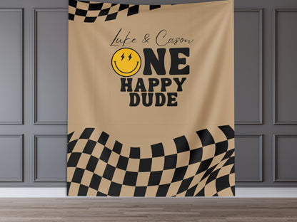 One Happy Dude Custom Birthday Banner, Retro Smiley Face Boy Birthday Party Theme, Checkered Flag Banner, Lightning Bolt Smiley, Two Cool