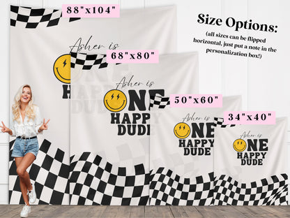 One Happy Dude Custom Birthday Banner, Retro Smiley Face Boy Birthday Party Theme, Checkered Flag Banner, Lightning Bolt Smiley, Two Cool