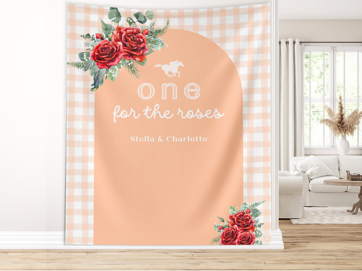 One for the Roses Kentucky Derby 1st Birthday Banner, Horse Racing Decor, First Birthday, Off to the Races, Custom Text Gingham and Floral