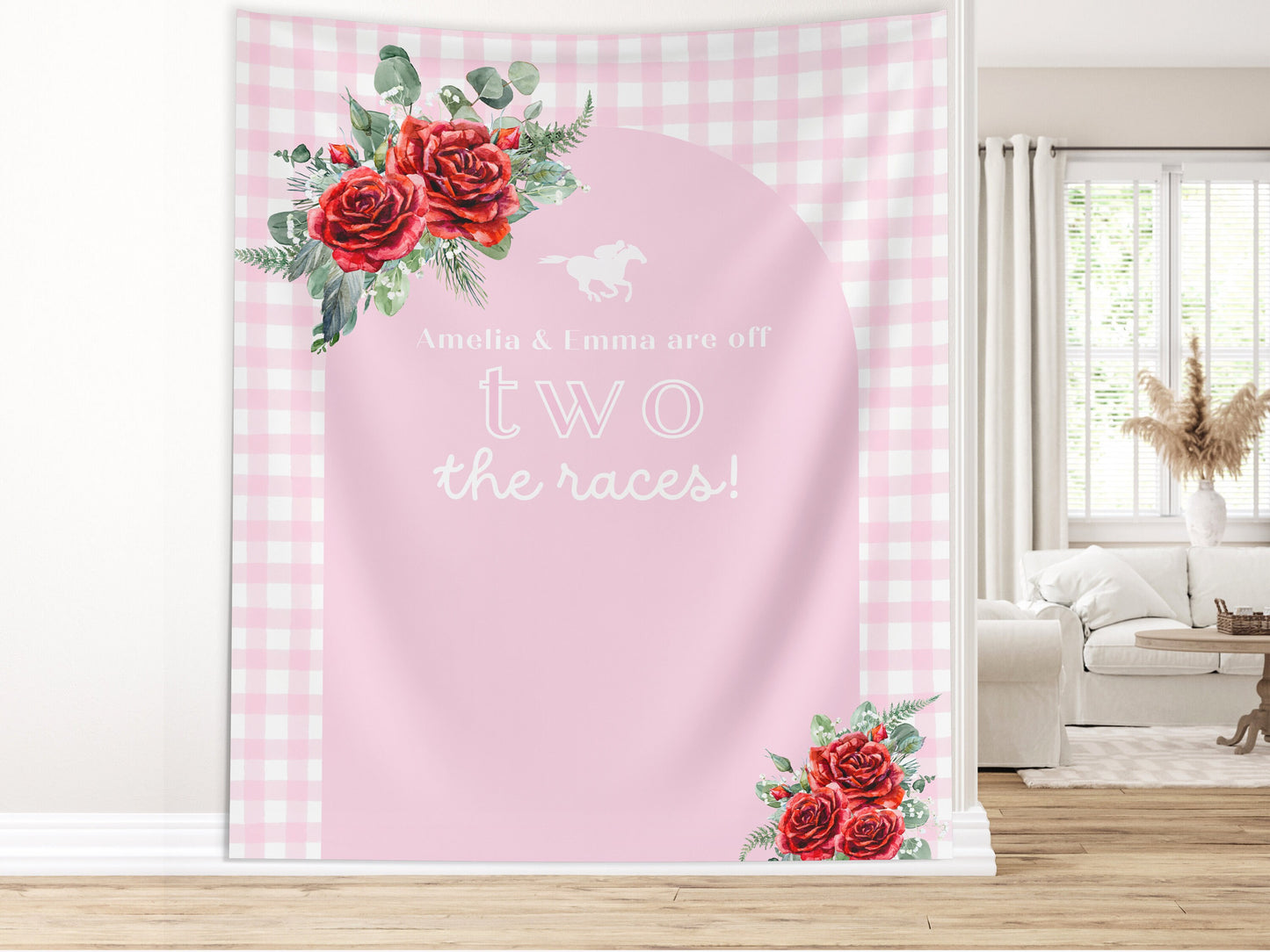 Off Two the Races 2nd Birthday Banner, Kentucky Derby Horse Racing Décor, Second Birthday, Run for the Roses, Custom Text Gingham and Floral