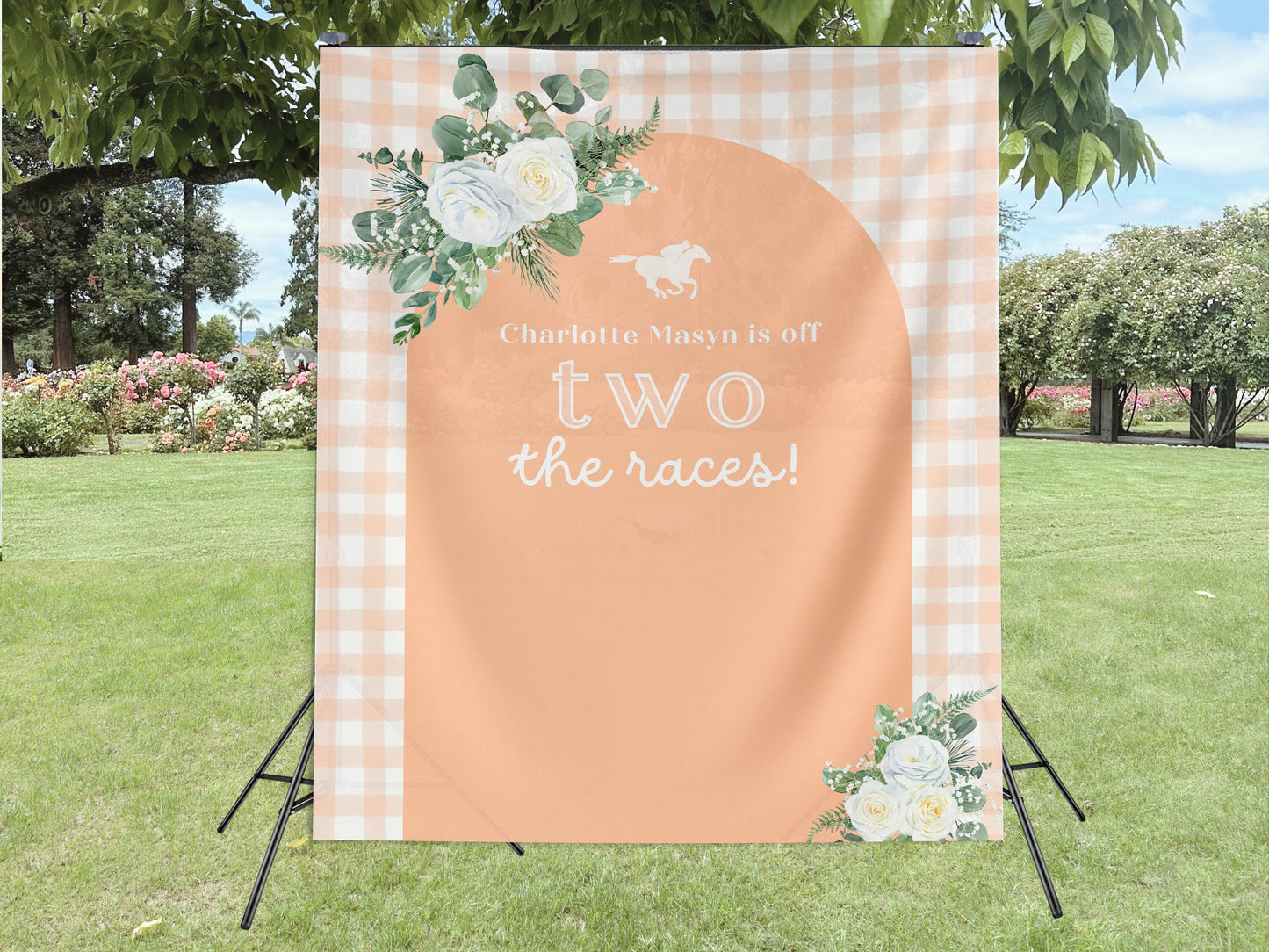 Off Two the Races 2nd Birthday Banner, Kentucky Derby Horse Racing Décor, Second Birthday, Run for the Roses, Custom Text Gingham and Floral