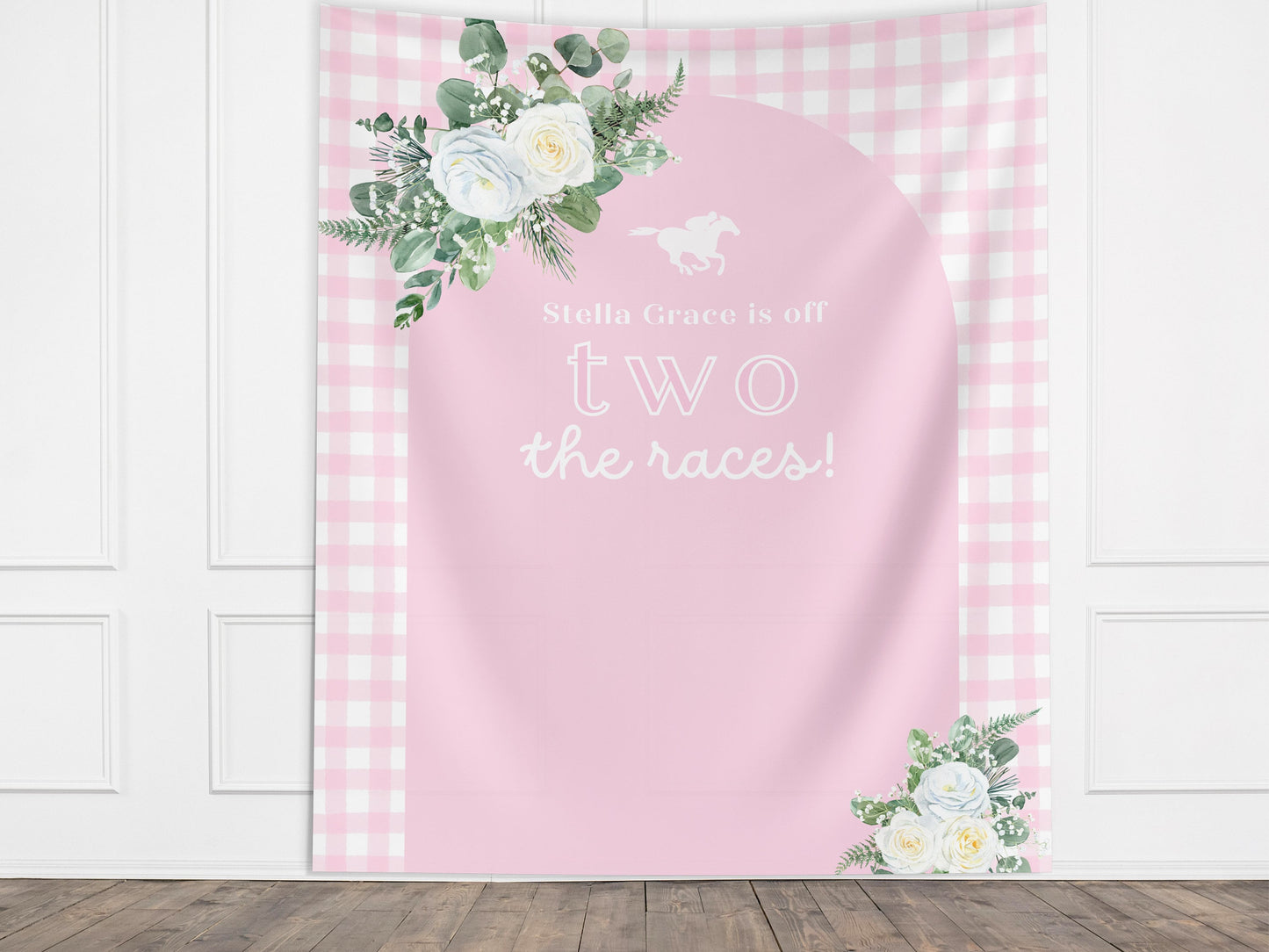 Off Two the Races 2nd Birthday Banner, Kentucky Derby Horse Racing Décor, Second Birthday, Run for the Roses, Custom Text Gingham and Floral