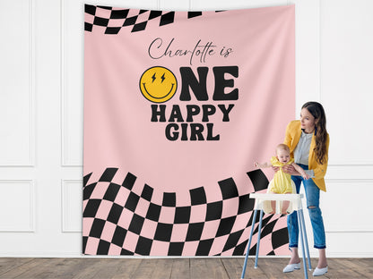 One Happy Dude Custom Birthday Banner, Retro Smiley Face Boy Birthday Party Theme, Checkered Flag Banner, Lightning Bolt Smiley, Two Cool