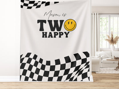 One Happy Dude Custom Birthday Banner, Retro Smiley Face Boy Birthday Party Theme, Checkered Flag Banner, Lightning Bolt Smiley, Two Cool