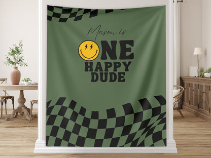 One Happy Dude Custom Birthday Banner, Retro Smiley Face Boy Birthday Party Theme, Checkered Flag Banner, Lightning Bolt Smiley, Two Cool