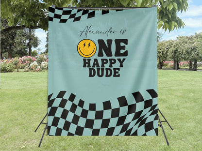 One Happy Dude Custom Birthday Banner, Retro Smiley Face Boy Birthday Party Theme, Checkered Flag Banner, Lightning Bolt Smiley, Two Cool