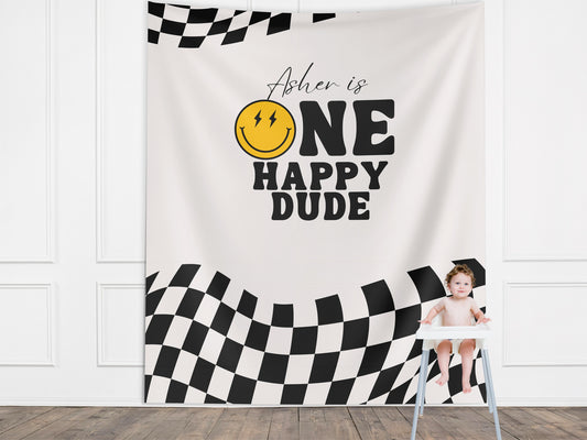 One Happy Dude Custom Birthday Banner, Retro Smiley Face Boy Birthday Party Theme, Checkered Flag Banner, Lightning Bolt Smiley, Two Cool