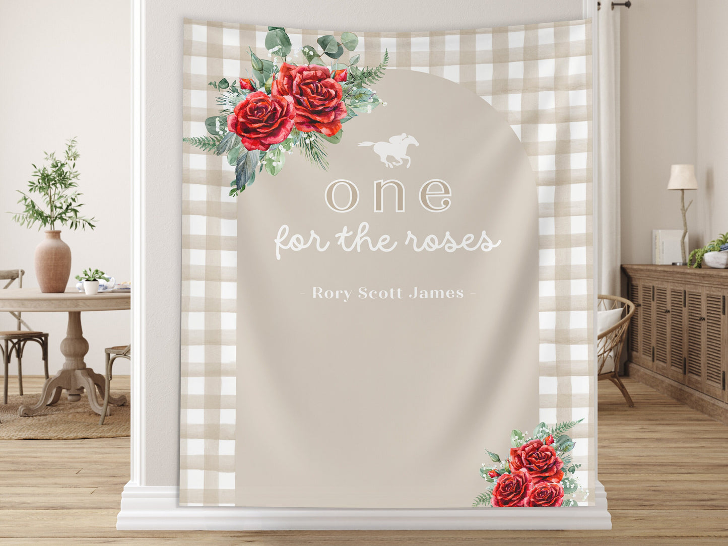 One for the Roses Kentucky Derby 1st Birthday Banner, Horse Racing Decor, First Birthday, Off to the Races, Custom Text Gingham and Floral