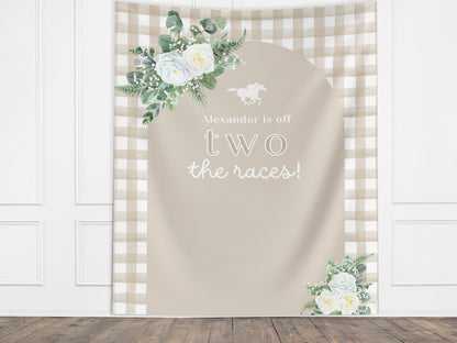 Off Two the Races 2nd Birthday Banner, Kentucky Derby Horse Racing Décor, Second Birthday, Run for the Roses, Custom Text Gingham and Floral