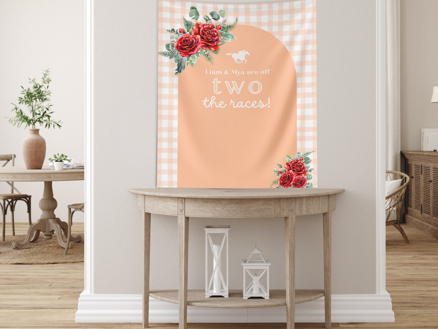 Off Two the Races 2nd Birthday Banner, Kentucky Derby Horse Racing Décor, Second Birthday, Run for the Roses, Custom Text Gingham and Floral