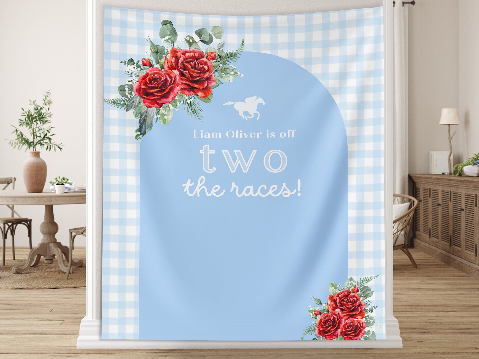 Off Two the Races 2nd Birthday Banner, Kentucky Derby Horse Racing Décor, Second Birthday, Run for the Roses, Custom Text Gingham and Floral