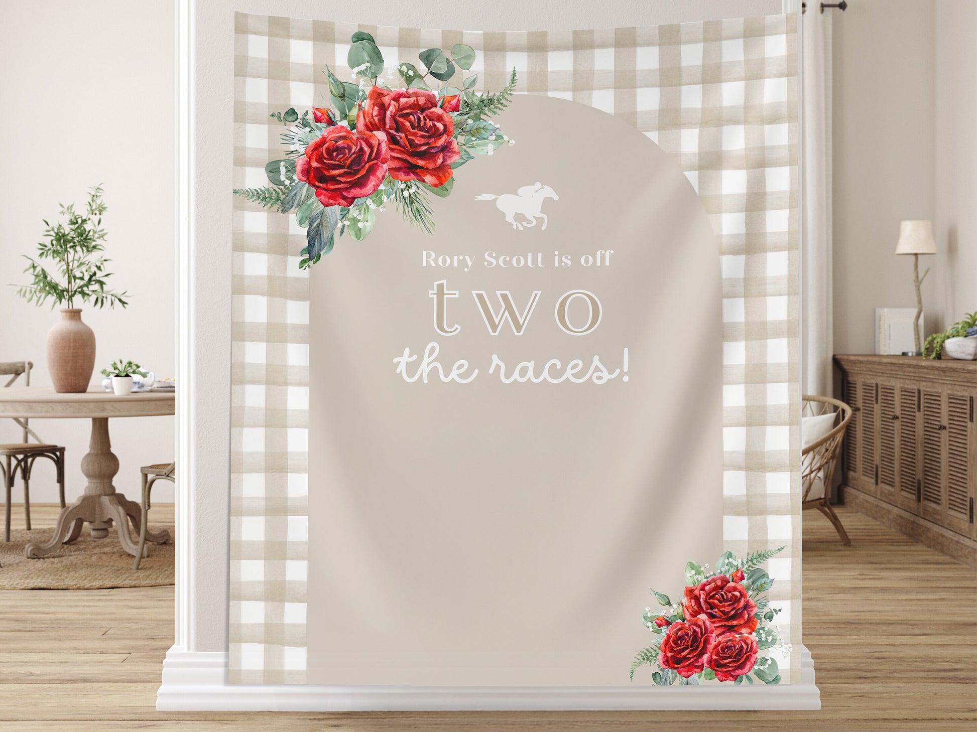 Off Two the Races 2nd Birthday Banner, Kentucky Derby Horse Racing Décor, Second Birthday, Run for the Roses, Custom Text Gingham and Floral