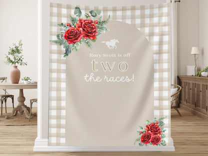 Off Two the Races 2nd Birthday Banner, Kentucky Derby Horse Racing Décor, Second Birthday, Run for the Roses, Custom Text Gingham and Floral