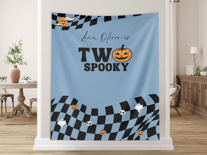 One Spooky Dude Halloween Birthday Party Banner, Completely Customizable Text Name Backdrop, Our Little Boo, Our Little Pumpkin, Two Spooky