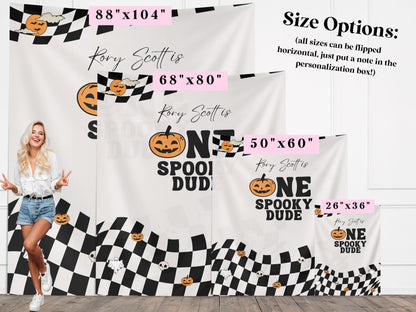 One Spooky Dude Halloween Birthday Party Banner, Completely Customizable Text Name Backdrop, Our Little Boo, Our Little Pumpkin, Two Spooky