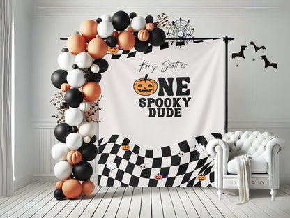One Spooky Dude Halloween Birthday Party Banner, Completely Customizable Text Name Backdrop, Our Little Boo, Our Little Pumpkin, Two Spooky