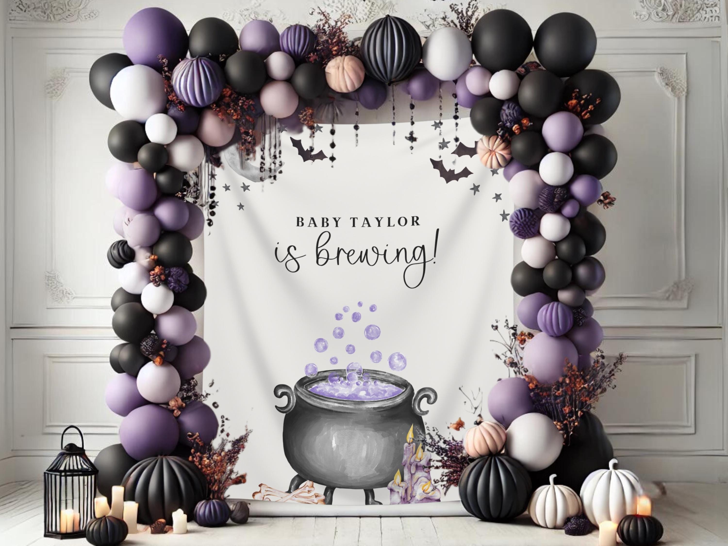 A Baby is Brewing Halloween Baby Shower Banner, Customizable Text Witch Halloween Backdrop, Spooky Fall Gender Reveal or Baby Shower Décor