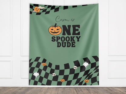 One Spooky Dude Halloween Birthday Party Banner, Completely Customizable Text Name Backdrop, Our Little Boo, Our Little Pumpkin, Two Spooky