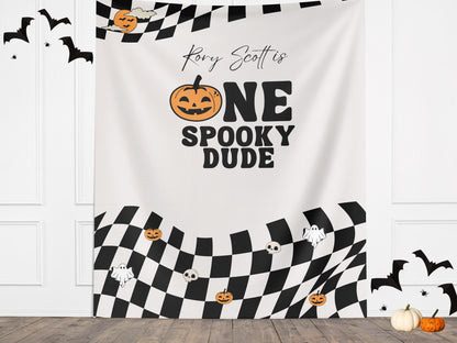One Spooky Dude Halloween Birthday Party Banner, Completely Customizable Text Name Backdrop, Our Little Boo, Our Little Pumpkin, Two Spooky