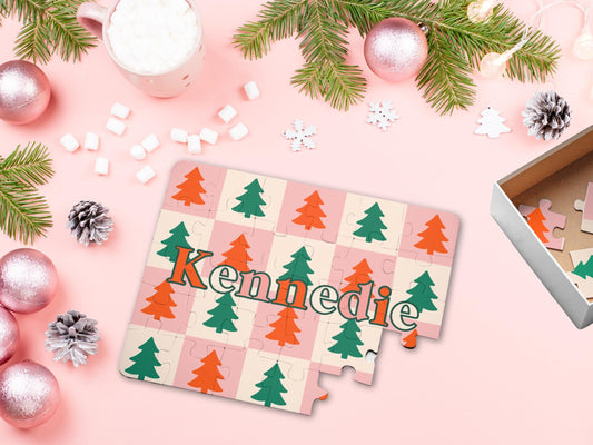 Personalized Kids Christmas Puzzle, Pink Christmas Tree, Toddler Name Gift, Girl Gift, Elf Surprise, Custom Puzzle, Holiday Keepsake