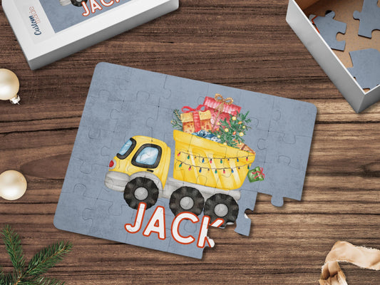 Personalized Kids Christmas Puzzle, Dump Truck Construction Gift, Toddler Name Gift, Boy Gift, Elf Surprise, Custom Puzzle, Holiday Keepsake