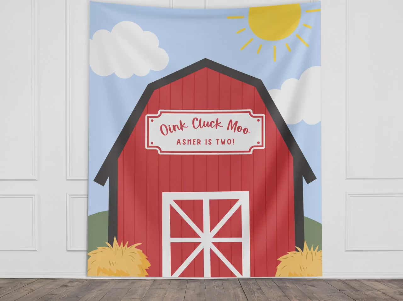 Custom Farm Party Banner, Birthday Party Barn Backdrop, Boy Birthday Barnyard, Girl Birthday Party Décor, Baby Shower Décor, Oink Cluck Moo