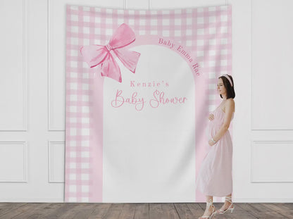 Pink Bow Baby Shower Custom Banner, Girl Baby Shower, Completely Customizable Party Backdrop, Baby Sprinkle, Gender Reveal, Blue Gingham