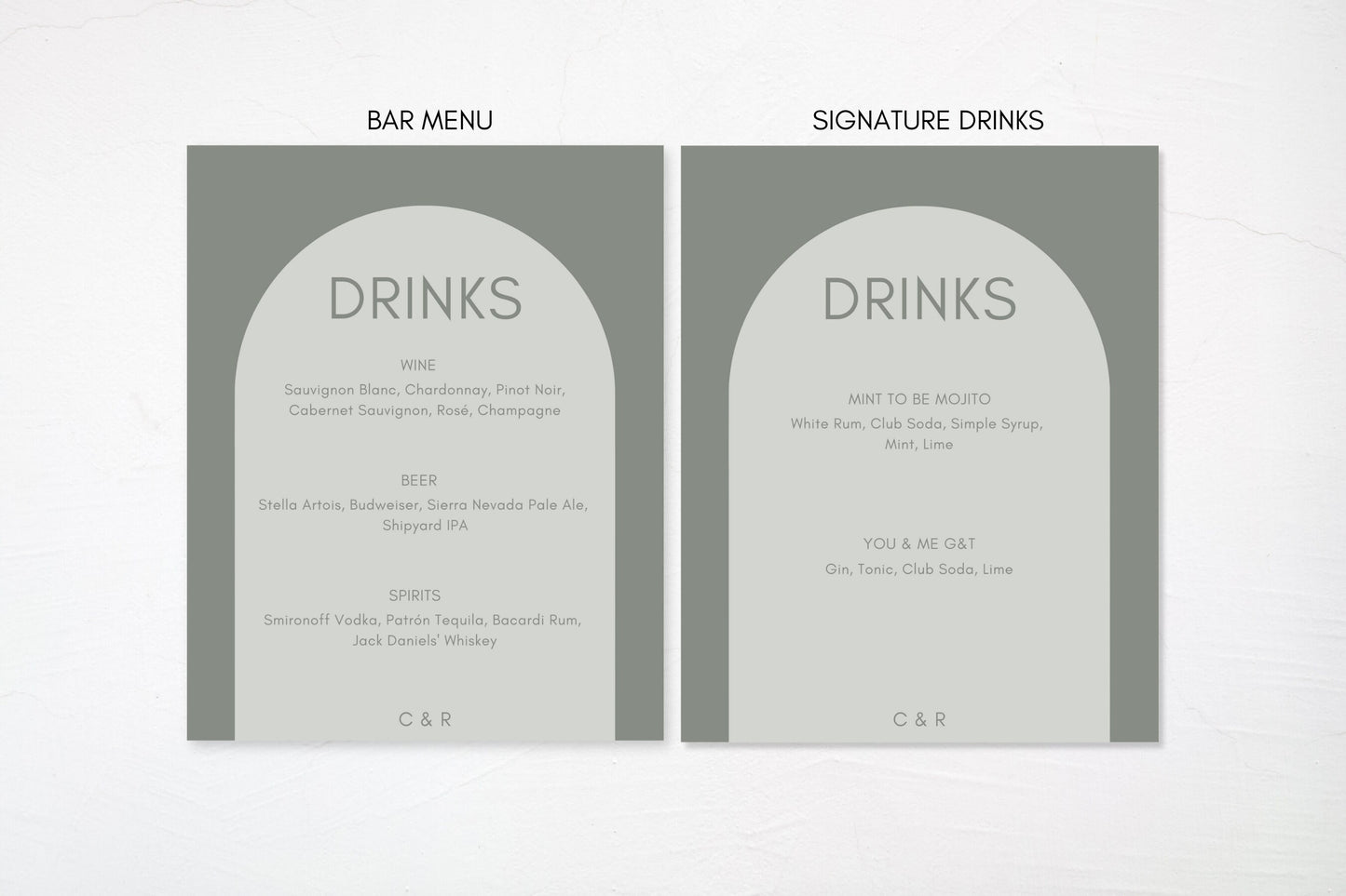 Simple Sage Green Wedding Bar Board Sign | Bar Menu | Signature Drinks Sign