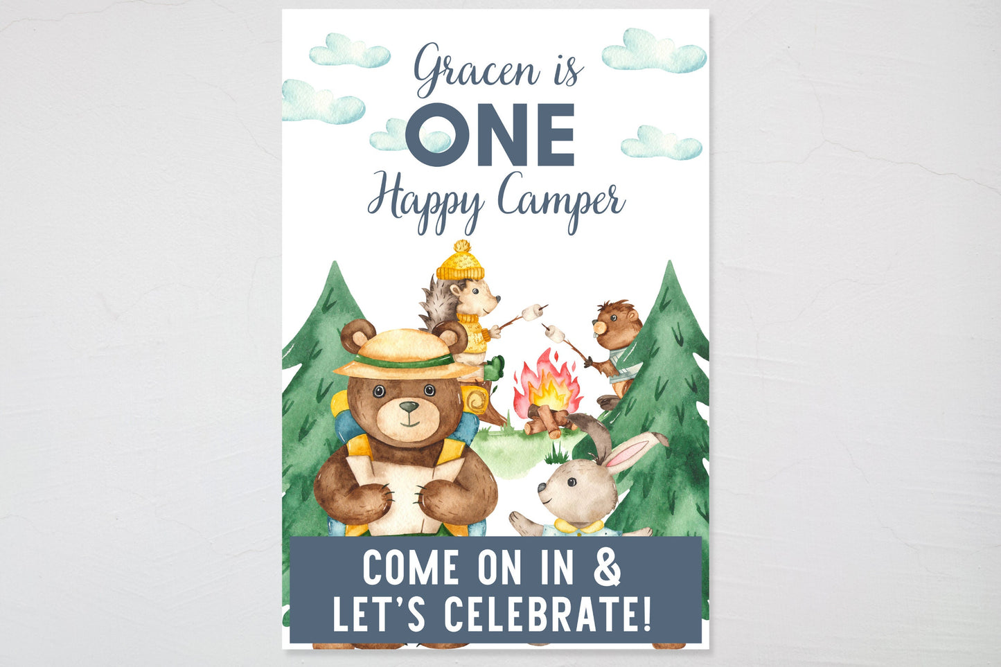 One Happy Camper Custom Welcome Sign | Boho Boy's Birthday Personalized Board Sign