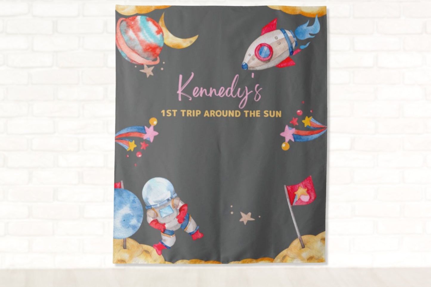 Space Party Personalized Backdrop | Trip Around the Sun Custom Party Backdrop