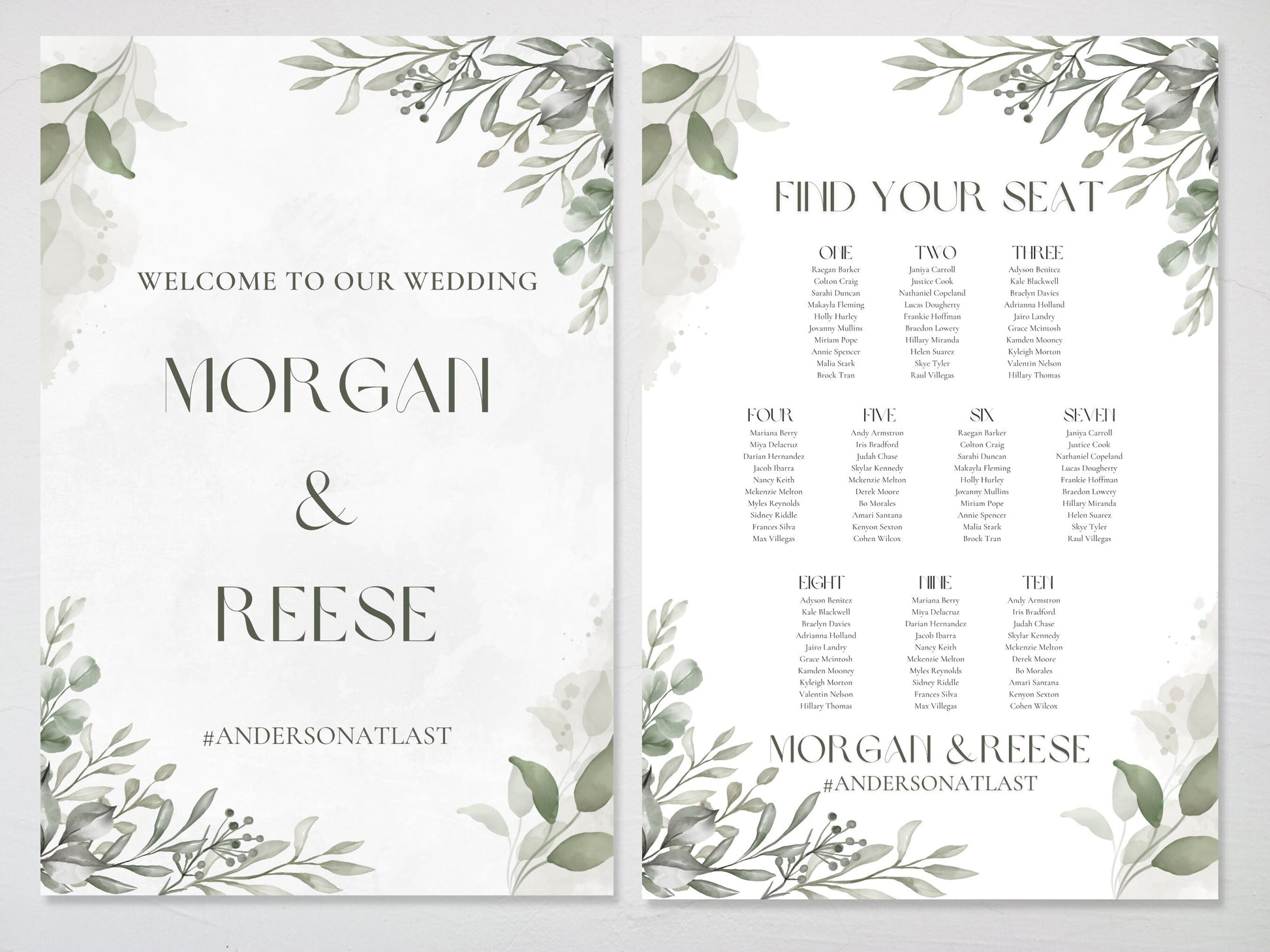 Watercolor Greenery Wedding Welcome & Seating Chart Board Sign Set | Personalized Eucalyptus Wedding Signs | Find Your Seat