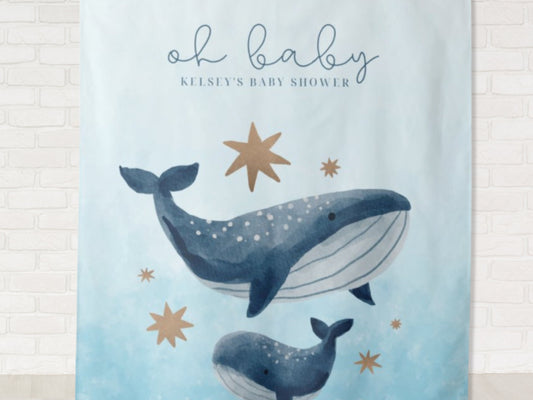 Coastal Whale Personalized Baby Shower Backdrop | Custom Under the Sea Party Backdrop