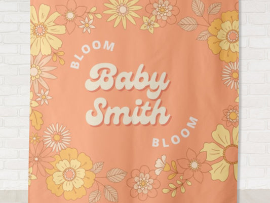 Bloom Baby Bloom Retro Personalized Baby Shower Backdrop | Custom Groovy Party Backdrop