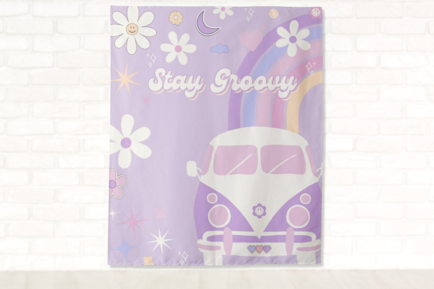 Retro VW Bus Personalized Backdrop | Girly Retro Rainbow and Flower Custom Party Backdrop