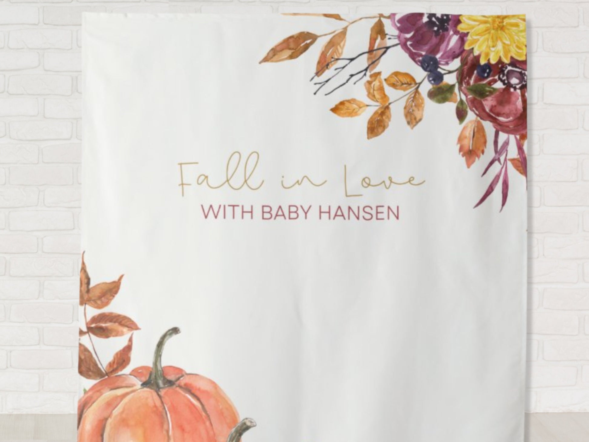 Pumpkin Fall in Love Personalized Baby Shower or Bridal Shower Backdrop | Custom Fall Floral Party Backdrop