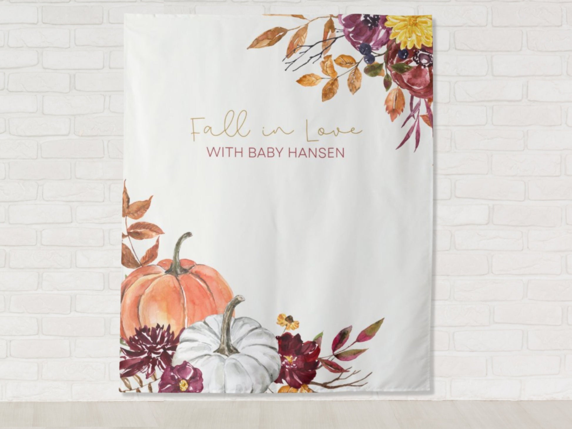 Pumpkin Fall in Love Personalized Baby Shower or Bridal Shower Backdrop | Custom Fall Floral Party Backdrop