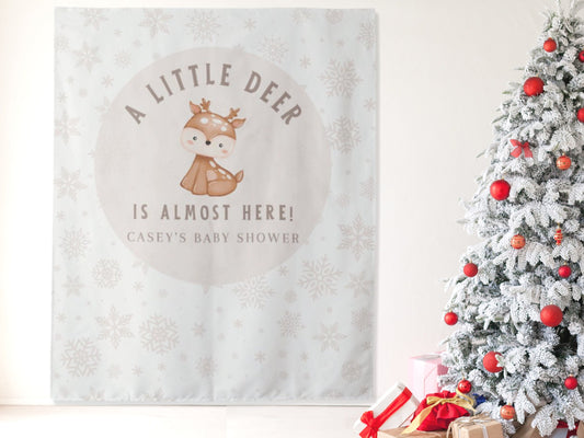 A Little Deer Is Almost Here Custom Baby Shower Backdrop | Winter Woodland Theme Baby Shower Décor