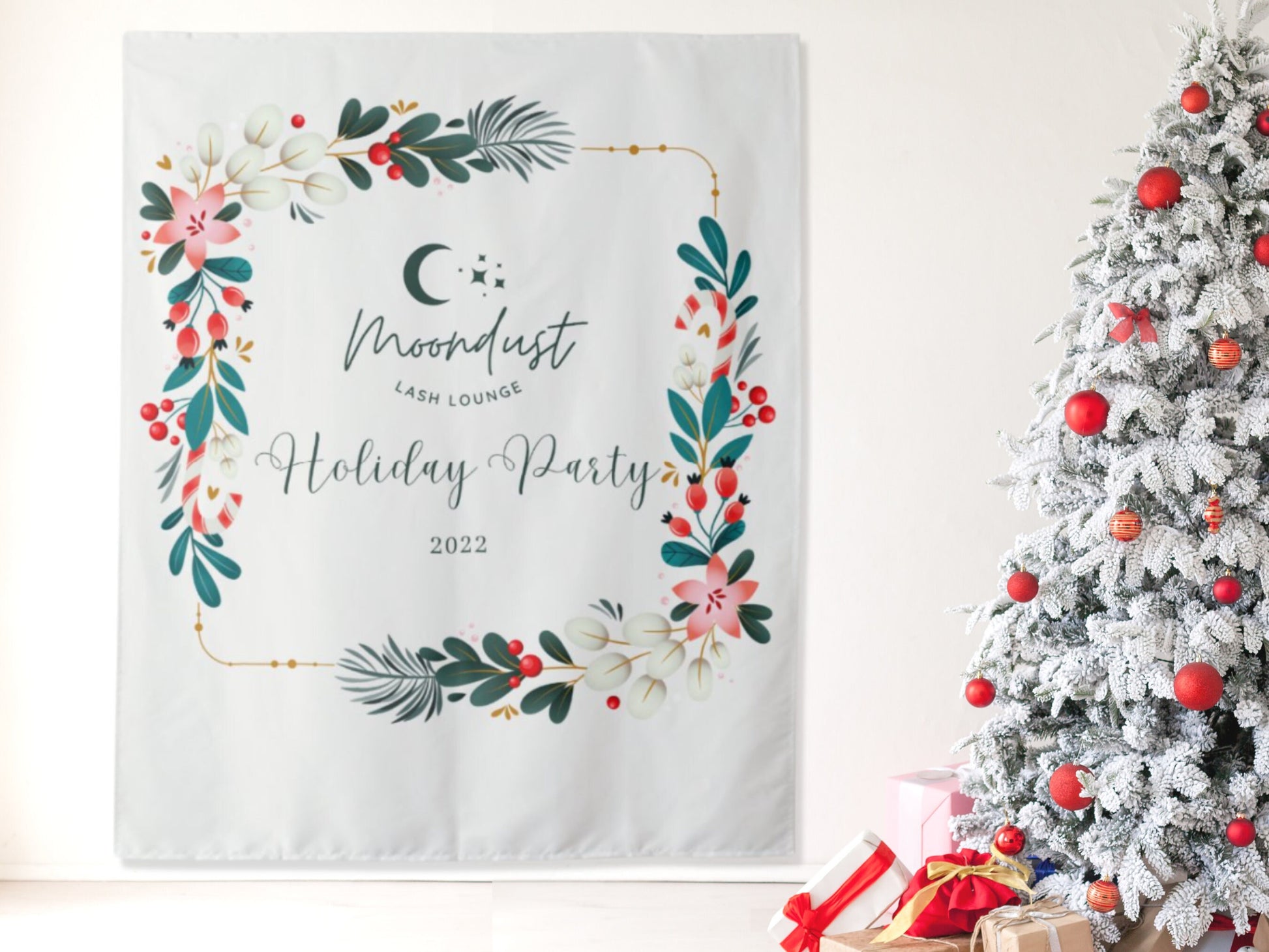 Festive Floral Custom Logo Holiday Party Backdrop | Christmas Party Décor