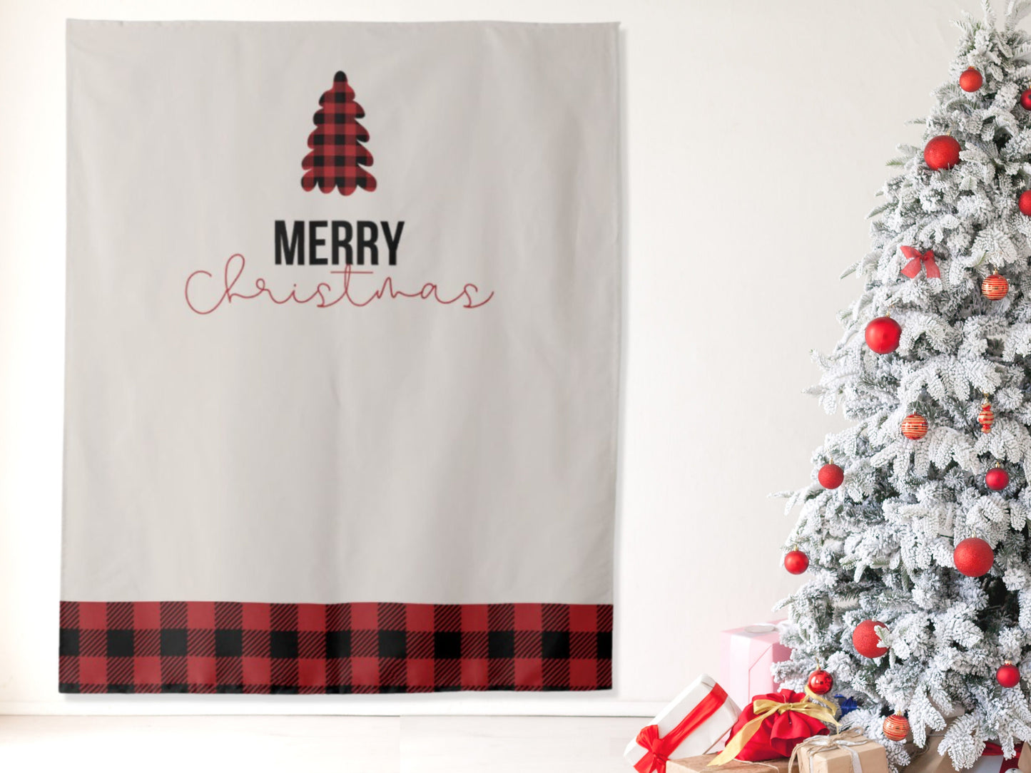 Custom Buffalo Check Deer Holiday Party Backdrop | Buffalo Check Christmas Tree Party Décor