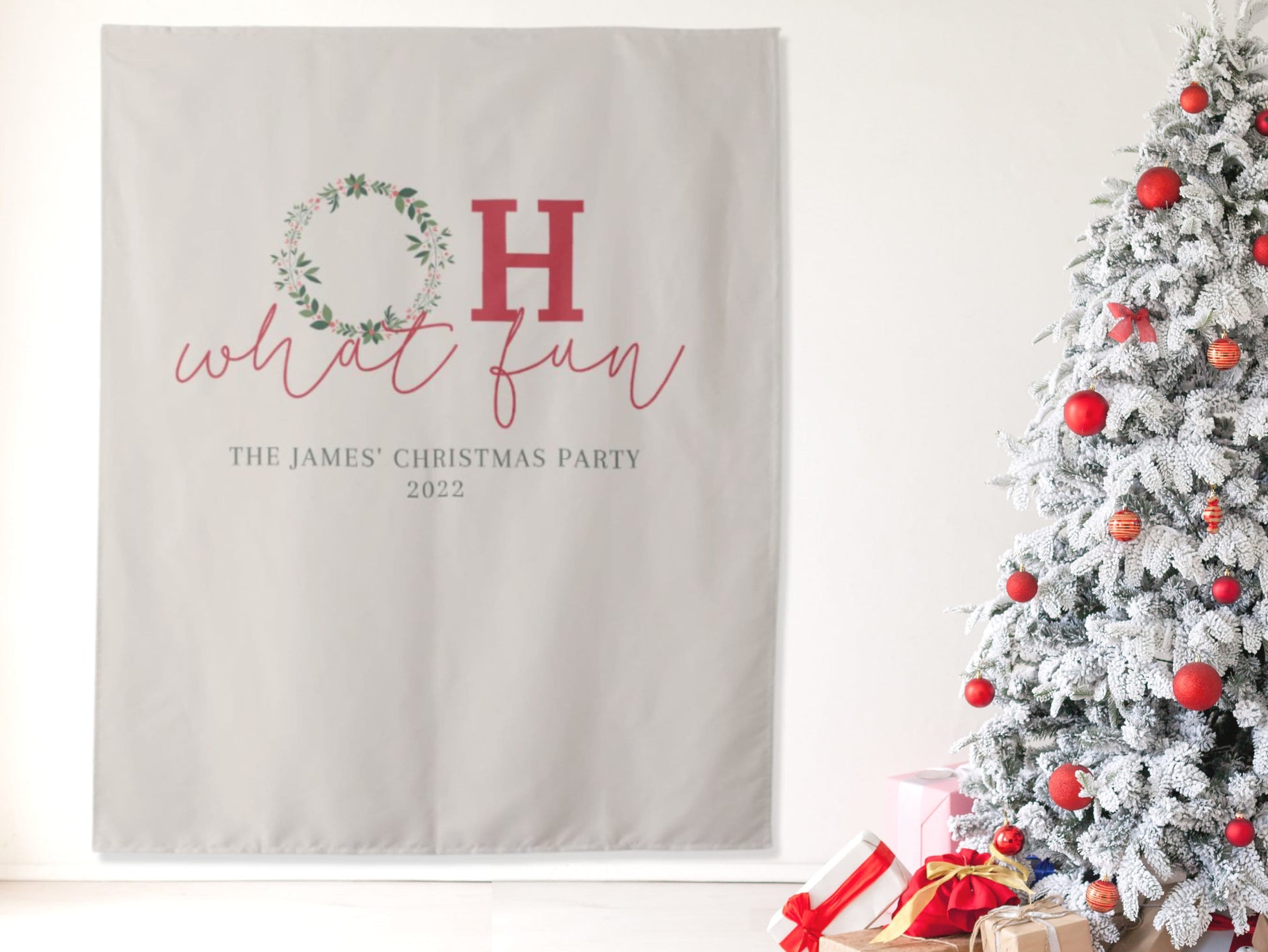 Oh What Fun Custom Holiday Party Backdrop | Christmas Wreath Party Décor